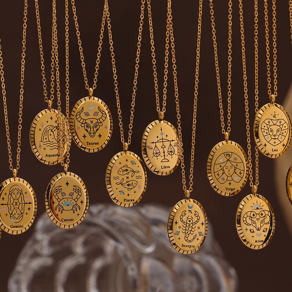 AQUARIUS--NEW 18K Gold Plated Sign Zodiac Oval Pendant Necklace - Picture 3 of 5